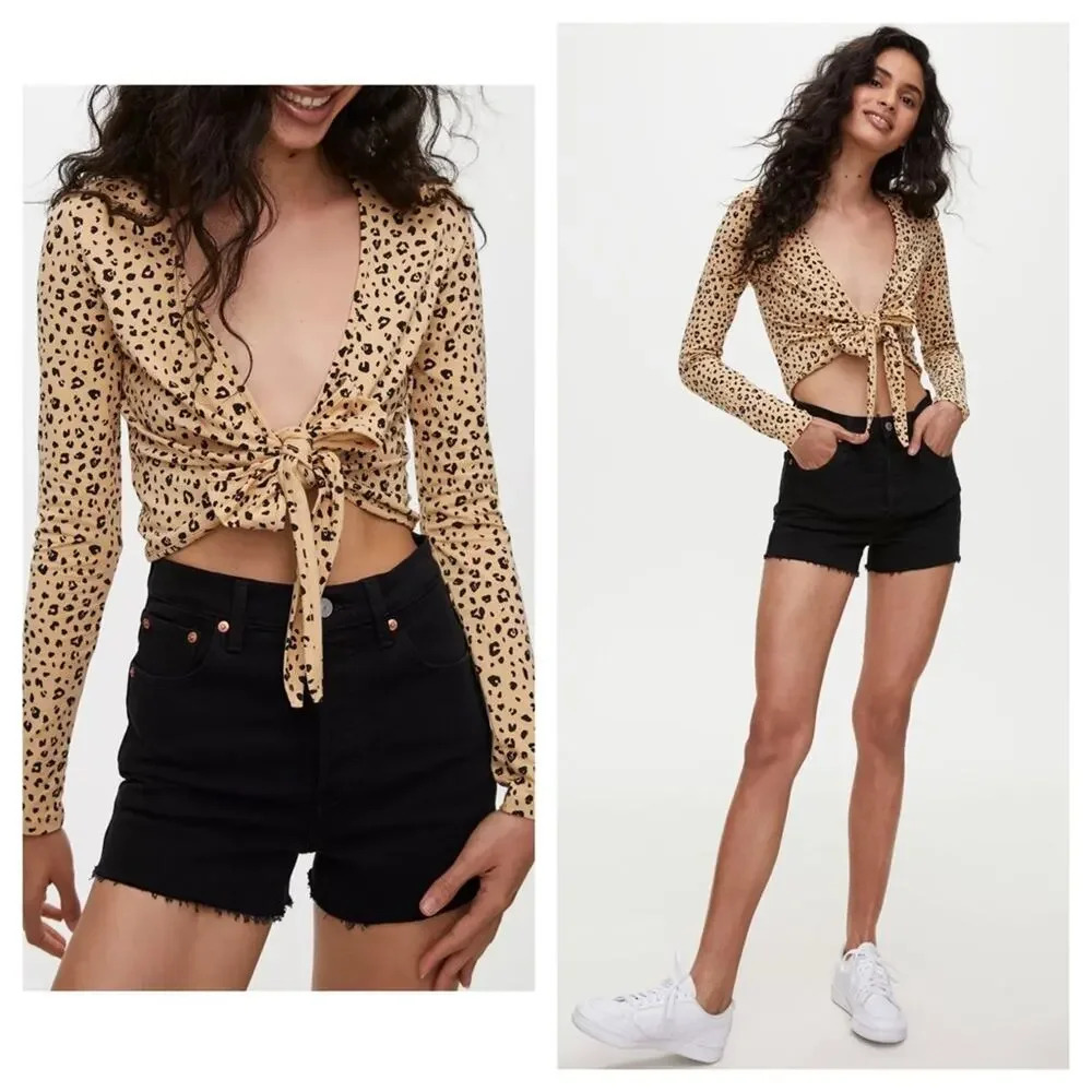 Aritzia Sunday Best Leopard Ballerina Long Sleeve Wrap Crop Top XS